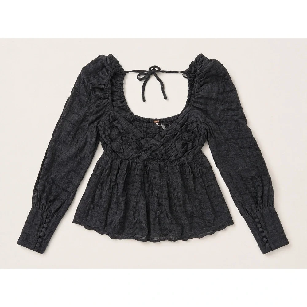 Free People Black Textured Smocked Peasant Top XS Long Sleeve Babydoll Blouse